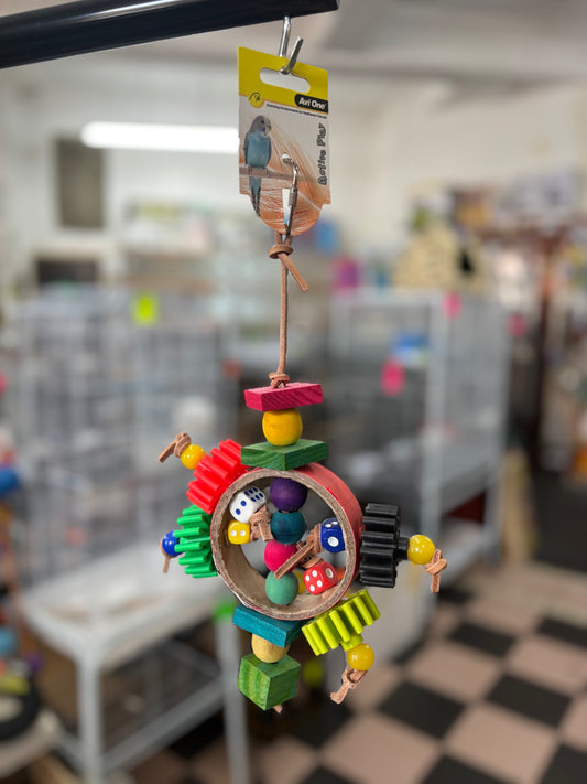 Bird toy with paper rings with wooden and plastic beads 27cm