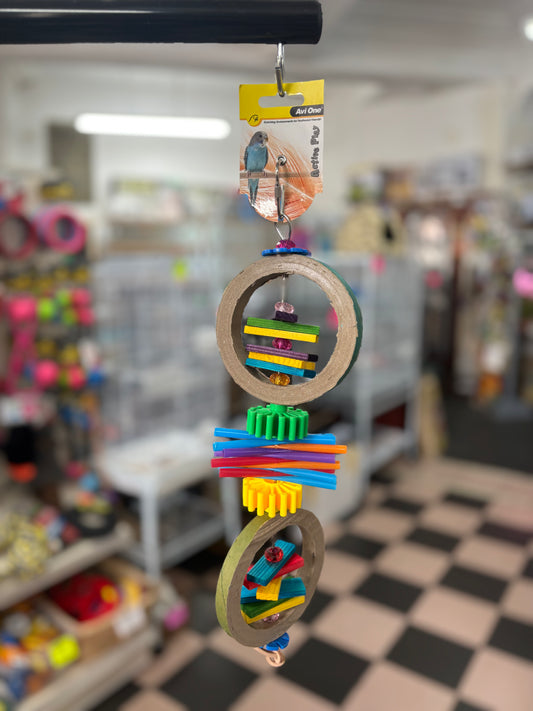 Bird toy with rings and wooden block 39cm