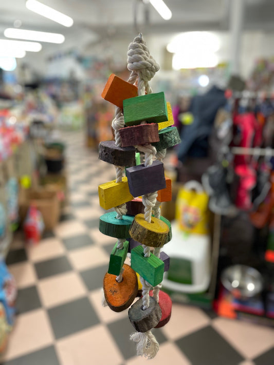 Dangling wood wonder and rope tough Parrot toy image 0