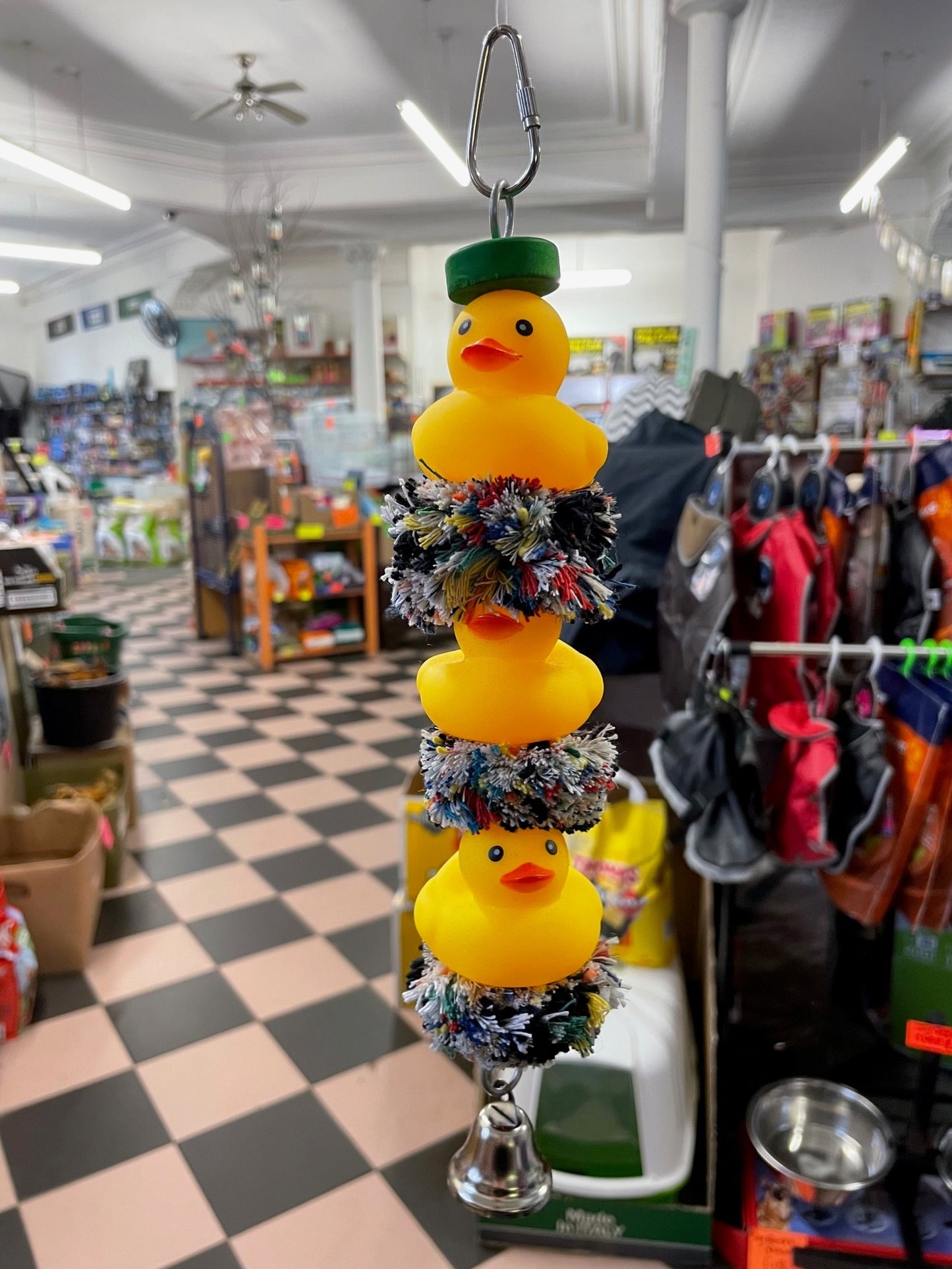 Rubber duck and bell parrot and parakeet rope and vinyl toy image 1
